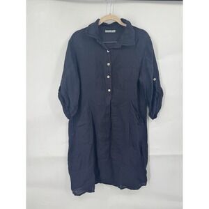 Elena Baldi 100% Linen Mini Dress Women M Black Roll Tab Sleeve Beach Coastal